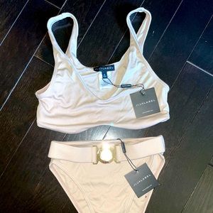 JLux label taupe gold buckle bikini set